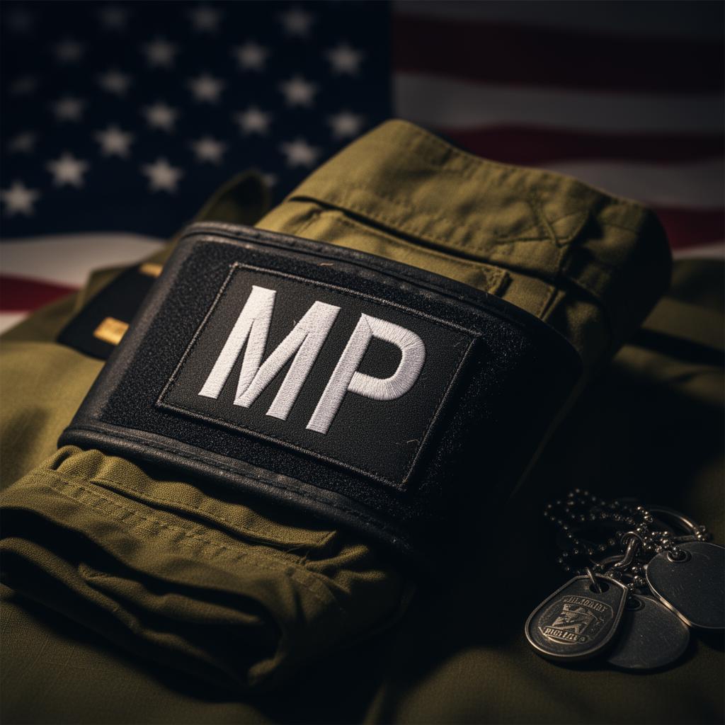 U.S. Army Military Police brassard resting on uniform with American flag